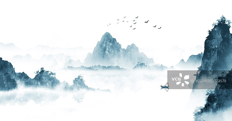 中国风蓝色山水画图片素材