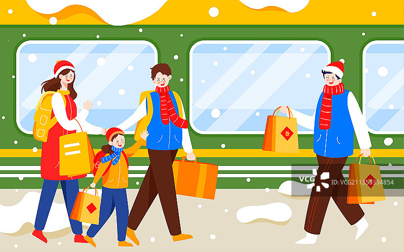 春运一家人回家过年插画冬天大雪车站图片素材