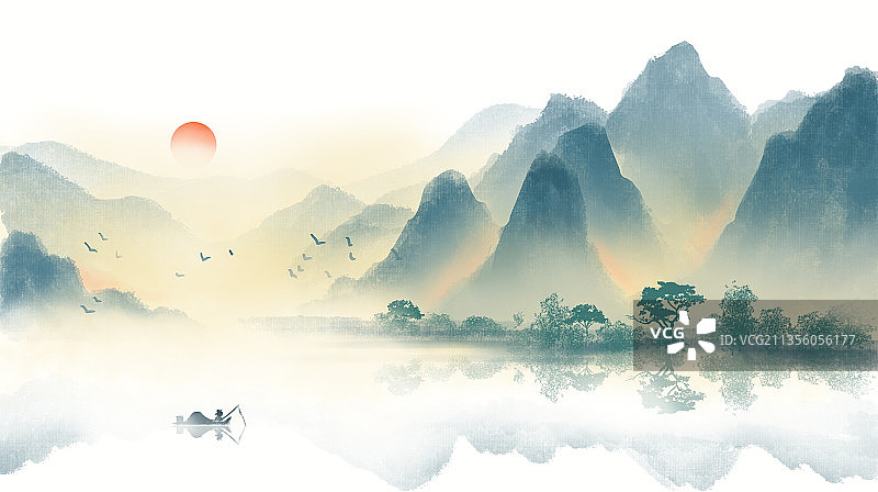 中国风山水墨画桂林山水二十四节气插画背景图片素材