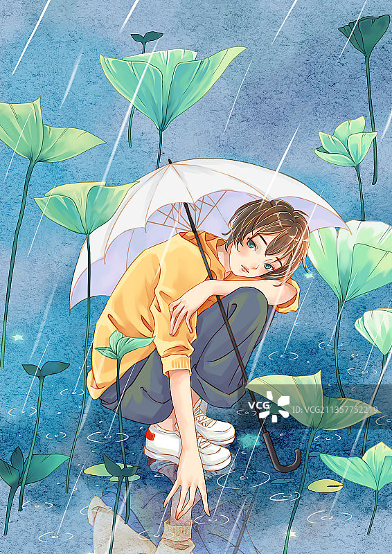 在雨中撑伞蹲在地上的黄衣少年图片素材