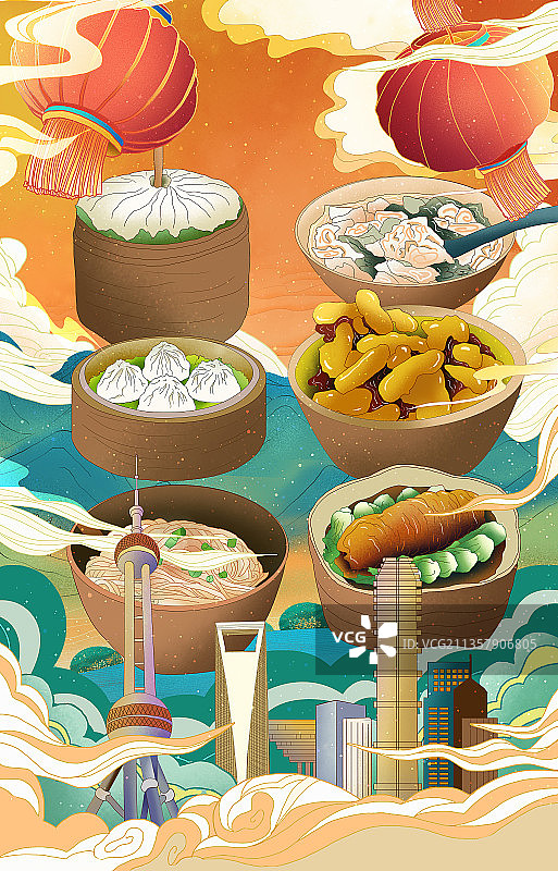 上海城市地标与上海美食图片素材