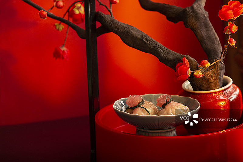 春节美食系列面食点心福袋和红梅静物图片素材