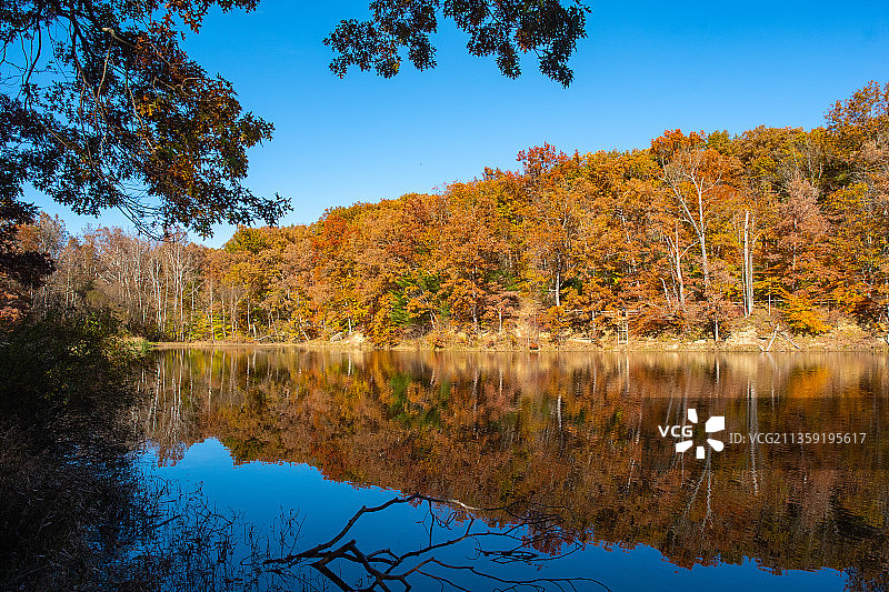 在秋天，在布朗县州立公园，树木对天空的湖泊景色，美国，美国图片素材