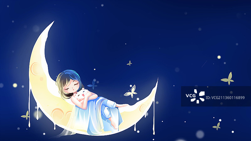 融化的月亮上躺着个睡觉的小女孩，深蓝色唯美卡通梦幻插画图片素材