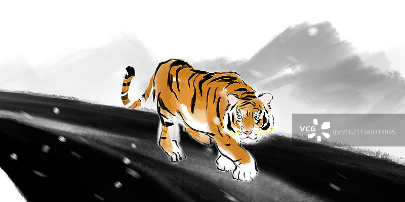 中国风虎年插画冬天奔跑的老虎图片素材