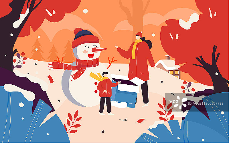 冬季森林雪景人物玩耍插画冬天户外活动海报图片素材