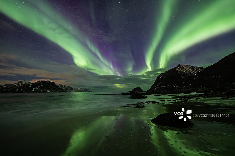 夜景:北极光在湖面上对着天空的夜景图片素材