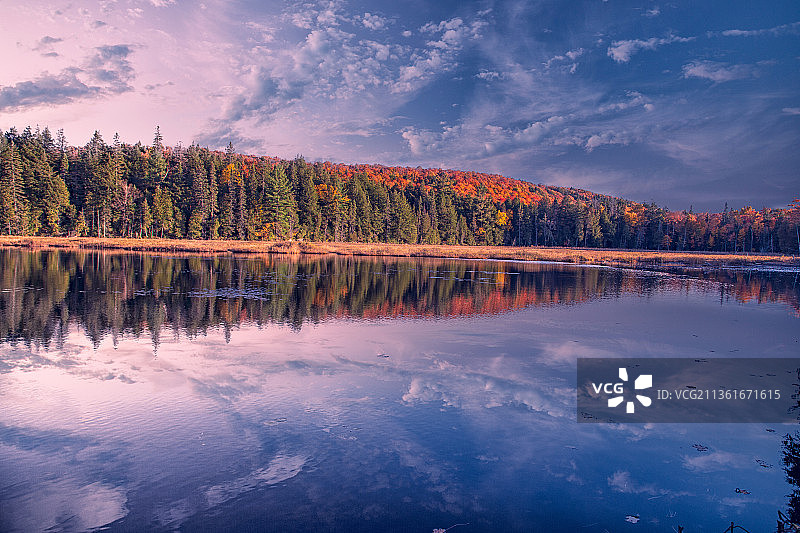 秋天的倒影，湖面在秋天天空的景色，阿尔冈昆公园，加拿大图片素材