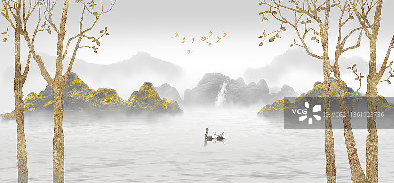 新中式金色鎏金山水装饰画手绘意境背景插画图片素材
