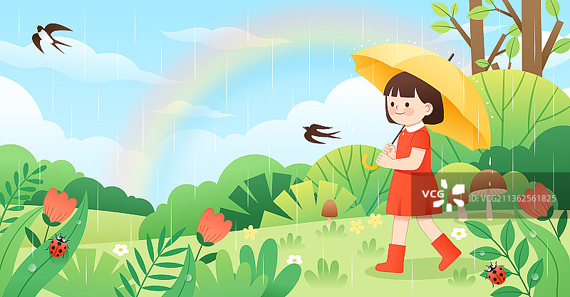 春天一个拿着雨伞的小女孩和户外自然背景图片素材