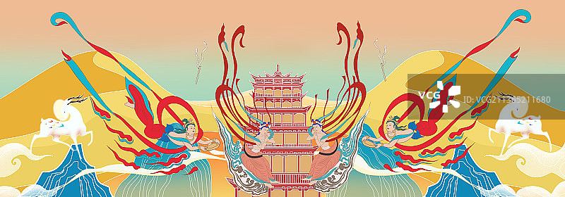 中国风新中式古风国潮风古典古文明传统文化敦煌莫高窟壁画仙女插画图片素材