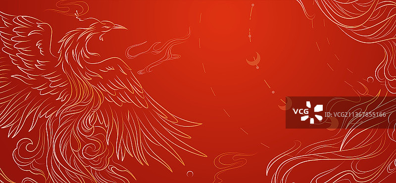 飞舞的凤凰传统线条图案红色背景图片素材