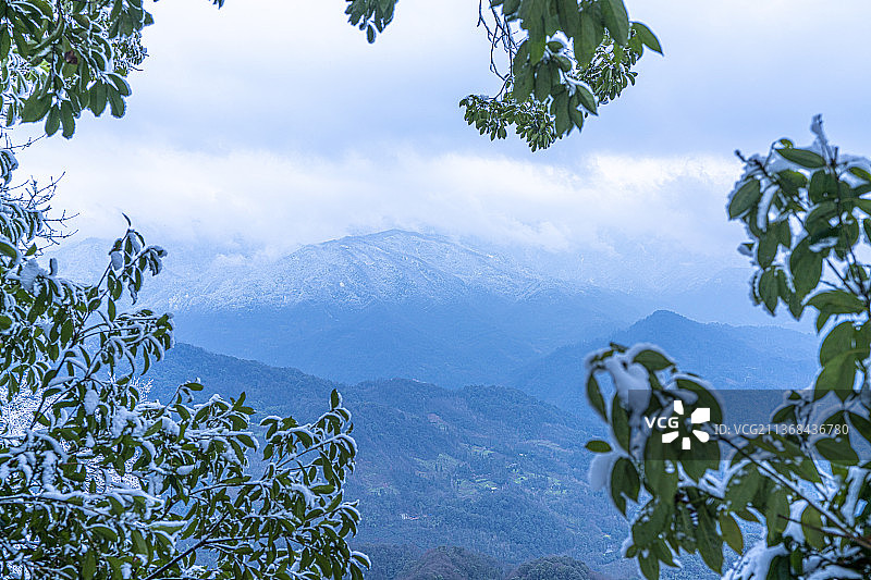 青城山 雪山 远山 雪景 林间小路 树林 雪 天空图片素材