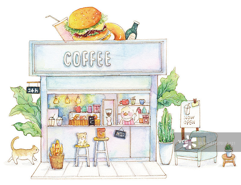 水彩手绘白色背景小商铺系列蓝色快餐咖啡店图片素材