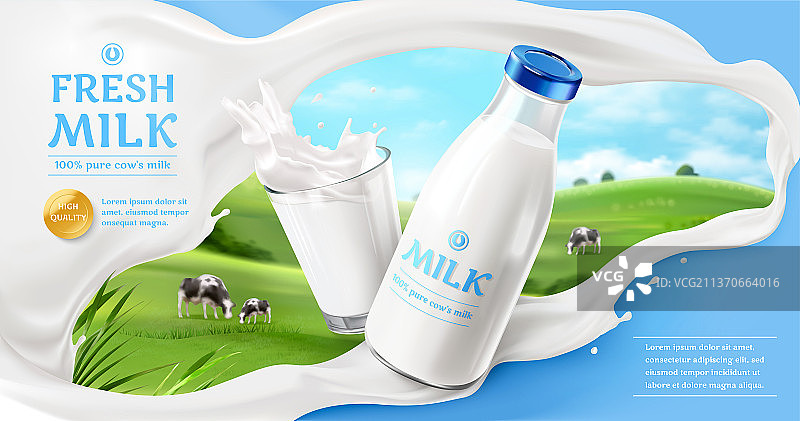 新鲜玻璃瓶牛奶横幅广告 牧场乳牛模糊背景图片素材