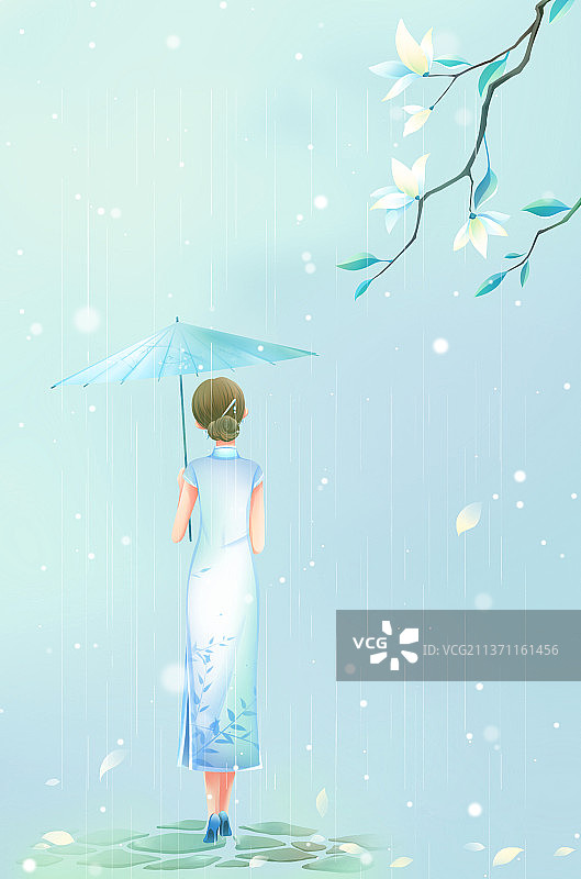 浅绿色唯美清新春雨节日插画壁纸，旗袍美女撑着油纸伞走远，枝头白色栀子花静静盛开图片素材