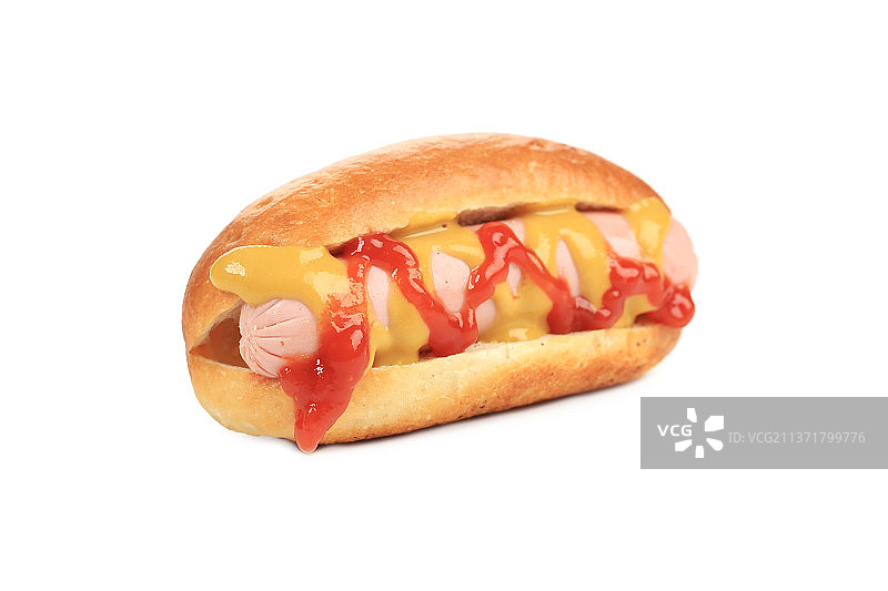 美味的烤芥末热狗，白色背景上的汉堡特写，摩尔多瓦图片素材