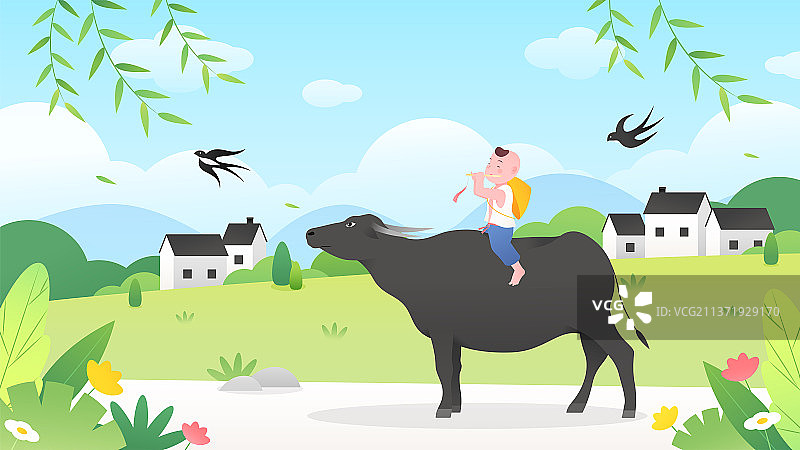 春天郊外放牛的牧童吹笛插画图片素材