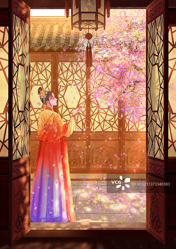 光影古风汉服少女站在中式传统庭院中赏花图片素材