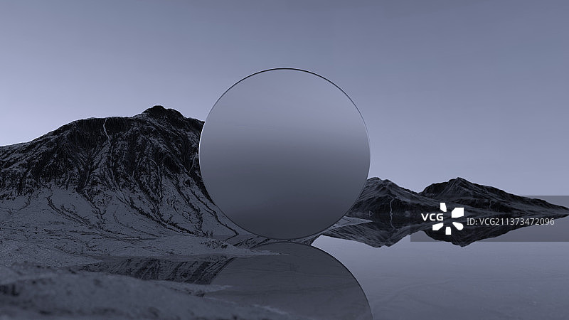 3D渲染雪山背景亚克力圆盘超现实场景图片素材