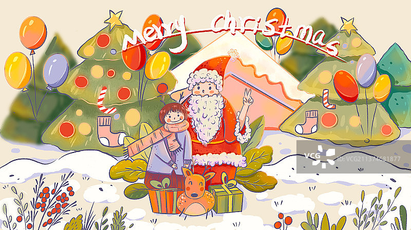 圣诞节老人女孩树木插画海报背景图片素材