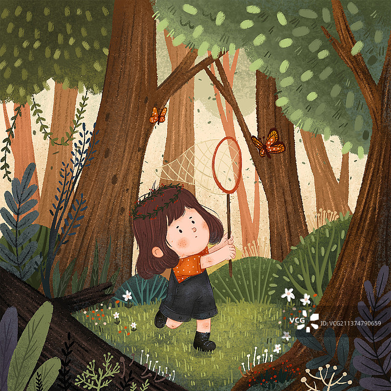 小女孩在树林里扑蝴蝶图片素材