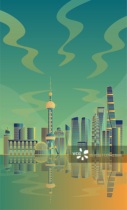 上海城市插画-绿色背景竖版图片素材