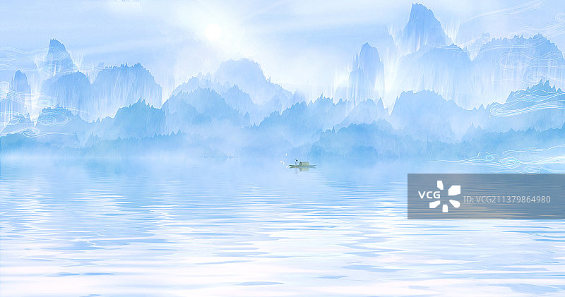 早晨少女划小船在山峰峡谷中欣赏美景插画图片素材