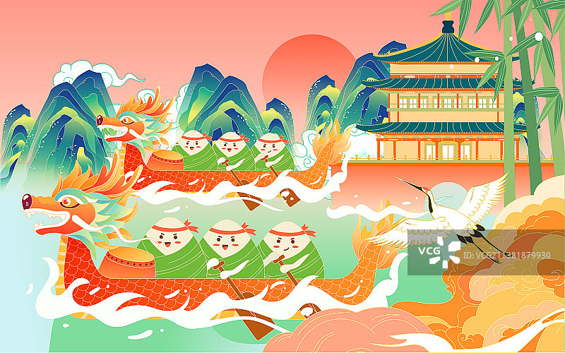 端午节赛龙舟传统节日活动粽子美食国潮插画图片素材