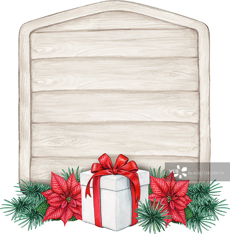 水彩圣诞木制标志与一品红图片素材