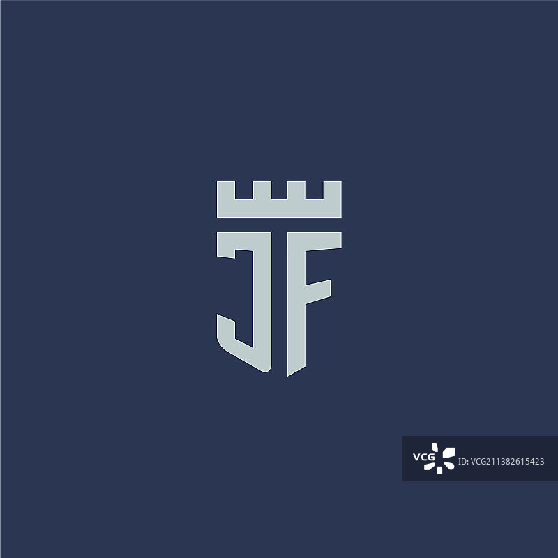 Jf商标的字母组合与堡垒城堡和盾牌图片素材