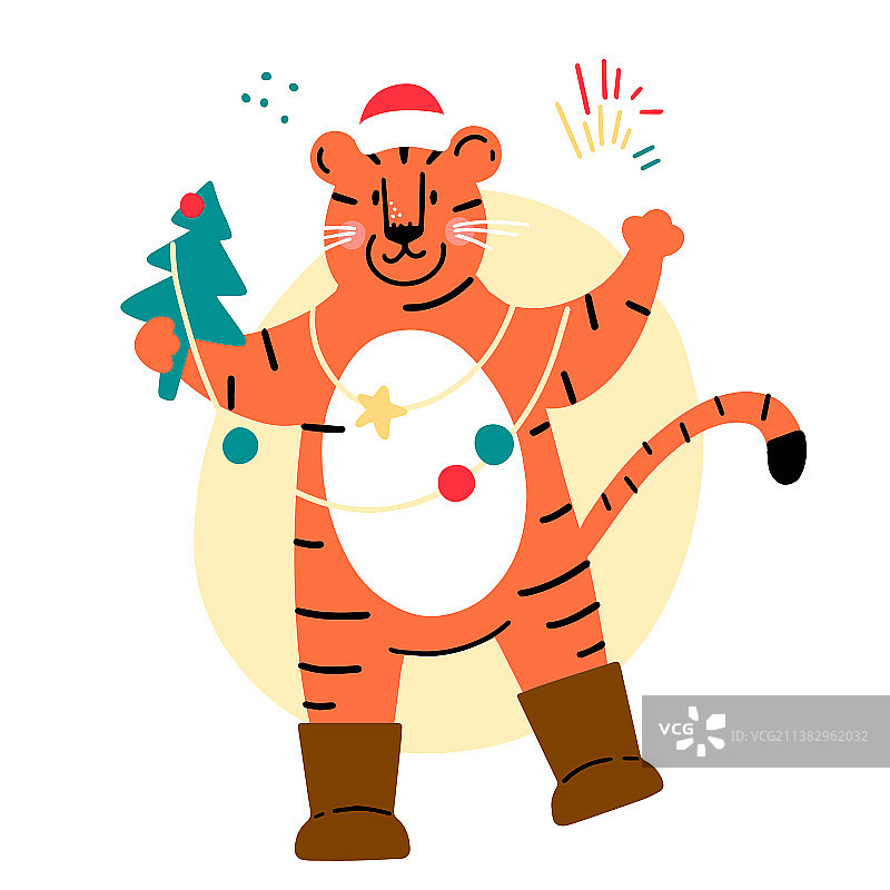 可爱的老虎抱着圣诞树图片素材