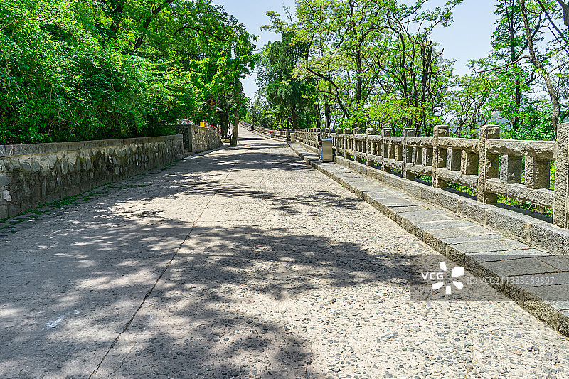 中国非都市风光拍摄主题，山东省泰安市国内著名景点泰山风景区，铺路石人行步道，桥梁护栏和绿色森林图片素材