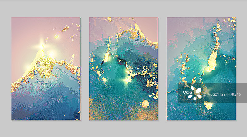 一套大理石图案海洋蓝色和黄金晶洞图片素材