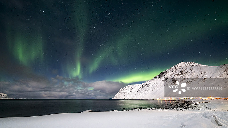 在挪威瓦瑞德，夜晚，雪山映衬着天空的风景湖图片素材