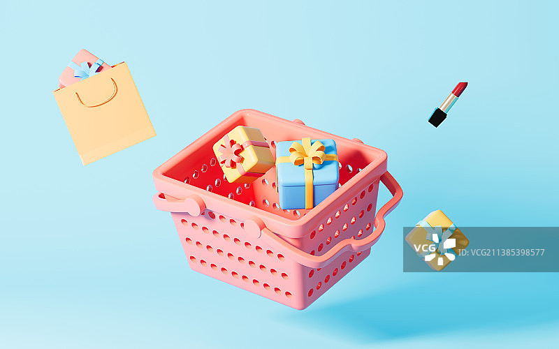创意购物篮与礼盒3D渲染图片素材