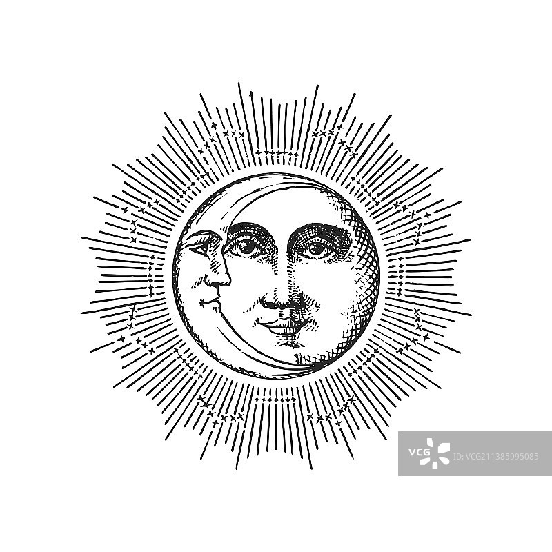 太阳新月在光环复古图片素材