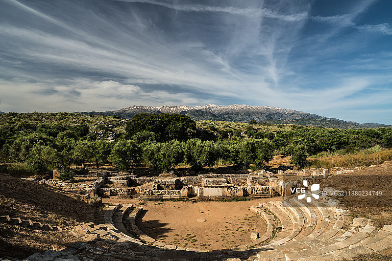 希腊，古老的废墟对着天空的高角度视图图片素材
