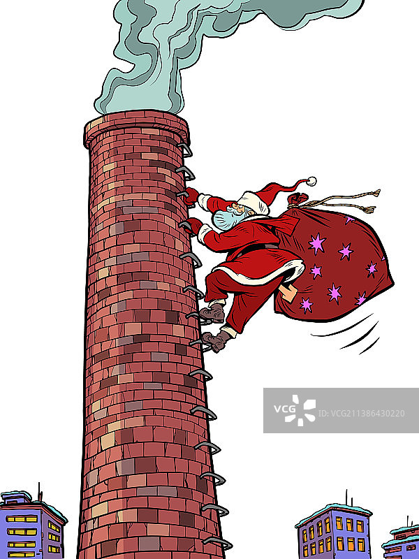 圣诞老人爬上工厂的大管子图片素材