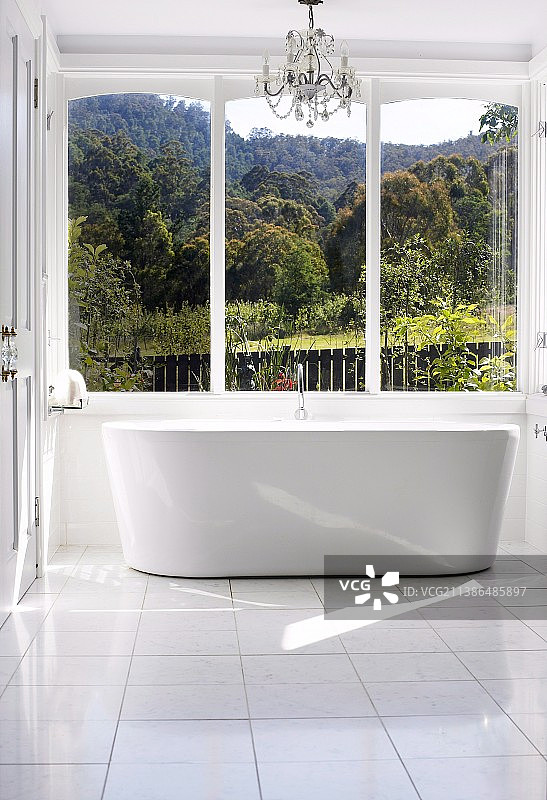 枝形吊灯和独立的设计师浴缸在阳光充足的浴室，可以看到林地景观图片素材
