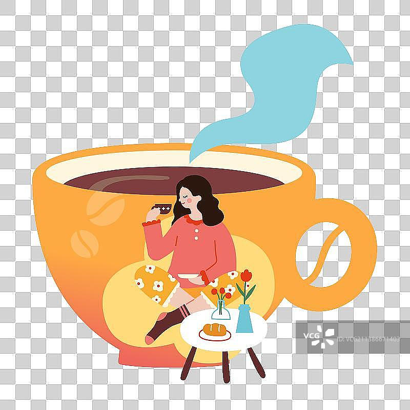 矢量扁平卡通女生喝咖啡场景插画图片素材