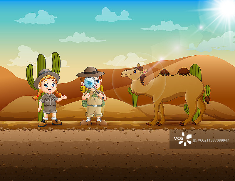 画出探险者男孩和女孩与骆驼的卡通形象图片素材