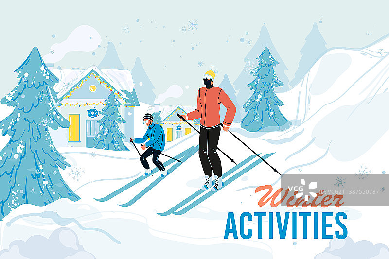 家庭滑雪享受冬季运动活动海报图片素材
