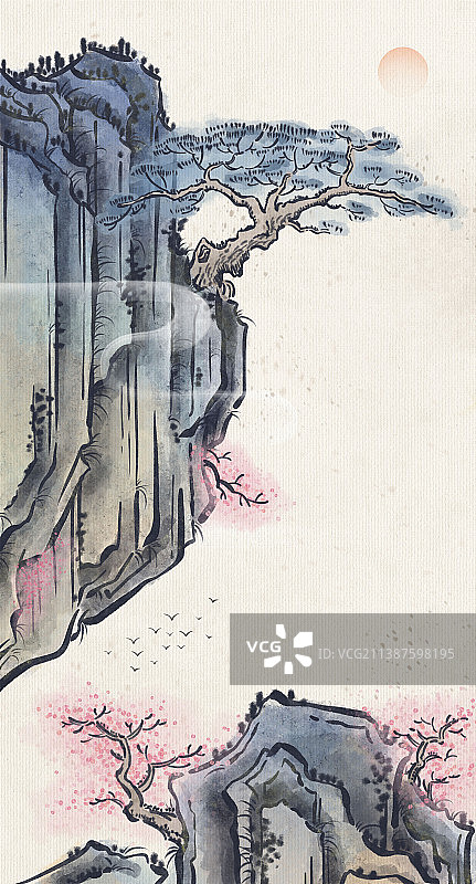 古典中国水墨画山石松树桃树云雾图片素材