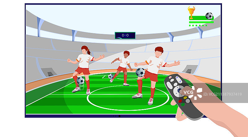 用遥控器点播观看足球体育实况直播的插画图片素材