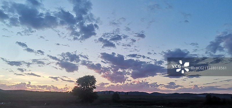 夕阳西下的天空映衬下树木的轮廓图片素材