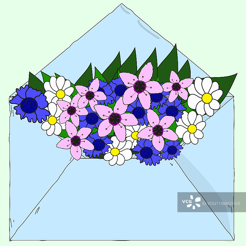 装着一束鲜花的蓝色信封图片素材