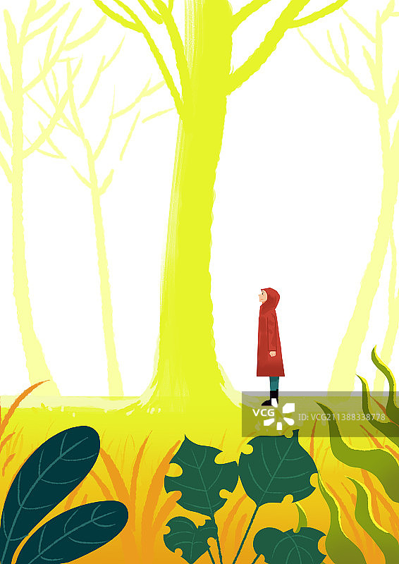 扁平风温暖阳光森林植物光感光影意境女孩小清新插画图片素材