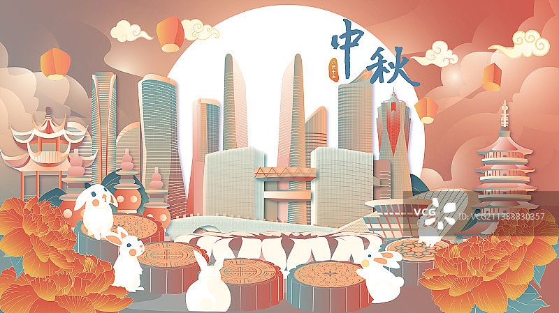 中秋节杭州地标建筑群矢量节日插画图片素材