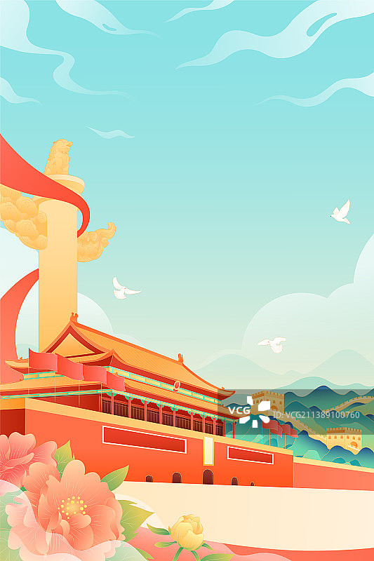 国潮风著名建筑景点旅行红色文化党建插画图片素材